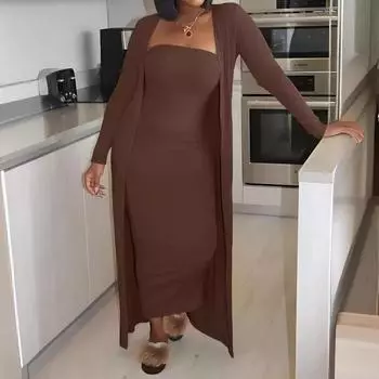 Летняя женская облегающая классическая куртка, вязаный комплект из двух предметов S темно-коричневого