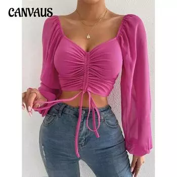 Летняя женская облегающая модная сексуальная блузка с v-образным вырезом на шнурке и рукавами-фонариками S чёрный