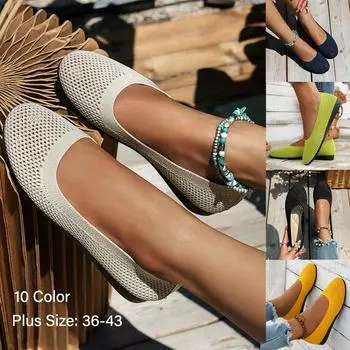 Летняя женская обувь 10 цветов, мягкие туфли на одинарной платформе, женские туфли без шнуровки на плоской подошве, трикотажная дышащая обувь, большие размеры 36-43 43 темно серый