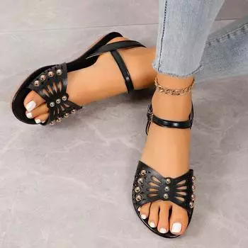 Летняя женская обувь 2024 года, новые модные удобные сандалии на плоской подошве, женские повседневные римские пляжные легкие сандалии с заклепками Zapatillas De Mujer 36 чёрный
