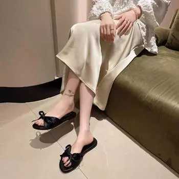 Летняя женская обувь 2024 года, высококачественные однотонные модные повседневные женские туфли на плоской подошве с открытым носком, женские пляжные тапочки с бантом 35 бежевый