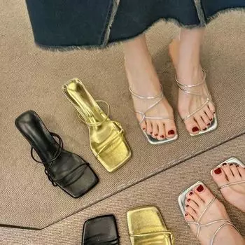 Летняя женская обувь 2024, модные женские шлепанцы с квадратным носком, пикантные уличные шлепанцы на тонком высоком каблуке, простые универсальные туфли на высоком каблуке для выпускного вечера 35 чёрный