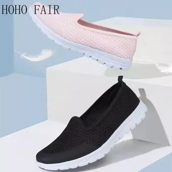 Летняя женская обувь большого размера, ультралегкая дышащая летная вязаная обувь без шнуровки, женская обувь, легкие топсайдеры 35 чёрный
