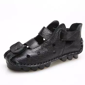 Летняя женская обувь из натуральной кожи ручной работы в стиле ретро, мягкие туфли на плоской подошве, повседневные женские сандалии на полой основе 35 чёрный