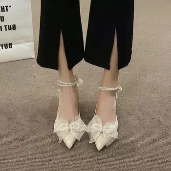 Летняя женская обувь, мода 2024 года, новые босоножки на низком каблуке с бантом, сексуальные босоножки на шпильках Baotou, легкие босоножки для вечеринок De Mujer 35 бежевый