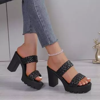 Летняя женская обувь, модные однотонные женские тапочки с открытым носком, римские толстые каблуки, женская пляжная обувь на высоком каблуке 35