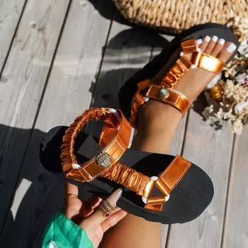 Летняя женская обувь на плоской подошве, комплект пляжных сандалий из пеньковой веревки, уличные универсальные повседневные тапочки, женские сандалии большого размера 36 золотой