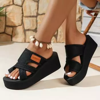 Летняя женская обувь на плоской подошве, комплект пляжных сандалий из пеньковой веревки, уличные универсальные повседневные тапочки, женские сандалии большого размера 36 чёрный