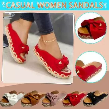 Летняя женская обувь на толстой подошве, туфли с открытым носком, повседневные женские тапочки с бантом 43 чёрный