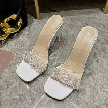 Летняя женская обувь на высоком каблуке, модные прозрачные дышащие тапочки на прозрачном каблуке, женские шлепанцы на прозрачном каблуке с квадратным носком 35 слоновая кость