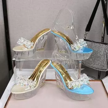 Летняя женская обувь на высоком каблуке со стразами на танкетке 10 см для ночного клуба, подиумная обувь на шесте, женские сандалии с кристаллами LFD-1101-7 34 бежевый