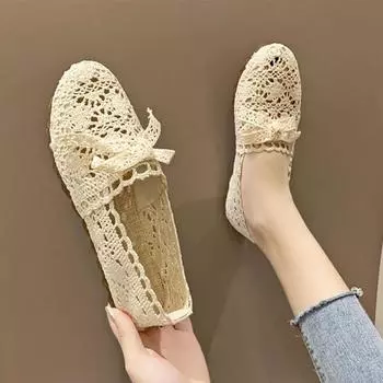 Летняя женская обувь, рыбацкая обувь, женские сетчатые дышащие туфли на плоской подошве с мягкой подошвой, женские туфли в горошек, сандалии на плоской подошве 35 бежевый
