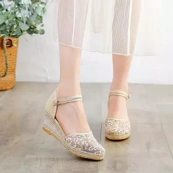 Летняя женская обувь, сандалии на танкетке, блестящая обувь на платформе, женские кружевные сандалии с ремешком на щиколотке, женские туфли-лодочки 36 чёрный