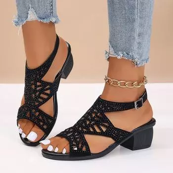 Летняя женская обувь, туфли на толстом каблуке со стразами, женские сандалии на высоком каблуке с открытым носком «рыбий рот» 36 чёрный