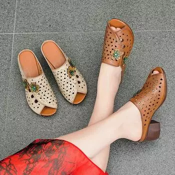 Летняя женская обувь в этническом стиле с рисунком «рыбьего рта» из коровьей кожи, дышащие, на толстом каблуке 35 слоновая кость