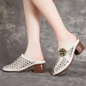 Летняя женская обувь в этническом стиле, толстый каблук, мягкая подошва, сандалии из коровьей кожи 35 белый