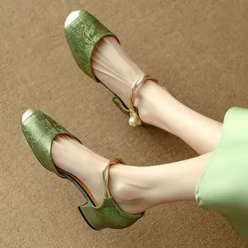 Летняя женская обувь в китайском стиле с юбками, сандалии Баотоу, фея, верхняя одежда, полые одинарные туфли, женский средний каблук, толстый каблук 34 абрикосовый