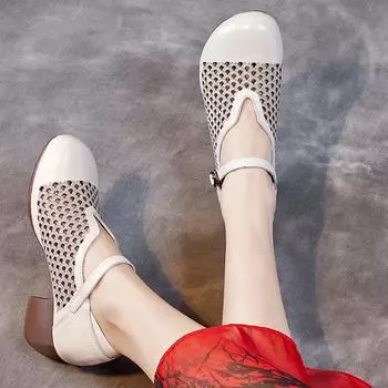 Летняя женская обувь в стиле ретро из кожи, сандалии на высоком каблуке, дышащие туфли-пещеры из коровьей кожи 35 белый