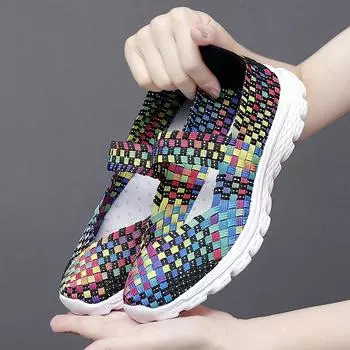 Летняя женская обувь, женские кроссовки ручной работы на плоской подошве, дышащие легкие женские туфли на плоской подошве, тканая неглубокая женская повседневная обувь с ручным управлением 35 чёрный