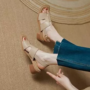 Летняя женская обувь, женские сандалии на массивном каблуке с квадратным носком, женская обувь на высоком каблуке, повседневная кожаная обувь, женская обувь из натуральной кожи 34 абрикосовый
