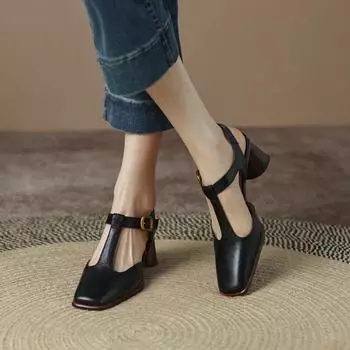 Летняя женская обувь, женские сандалии на массивном каблуке с квадратным носком, женские туфли Мэри Джейн из овчины, лаконичные женские туфли на высоком каблуке 35
