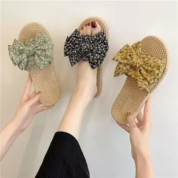 Летняя женская обувь, женские шлепанцы с цветочным принтом и галстуком-бабочкой, сандалии на плоской подошве, пляжная обувь 36 чёрный