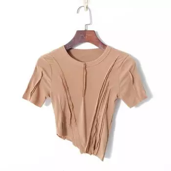Летняя женская одежда 2023 года, однотонная, легкая, полупрозрачная, пуловер с круглым вырезом, с коротким рукавом, облегающая, эластичная, клетчатая, асимметричная футболка Khakis M