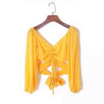 Летняя женская одежда 2023 года в K-стиле, свежая, однотонная, элегантный пуловер с V-образным вырезом, длинными рукавами, сексуальным вырезом, завязанный узлом, короткая рубашка Yellow S