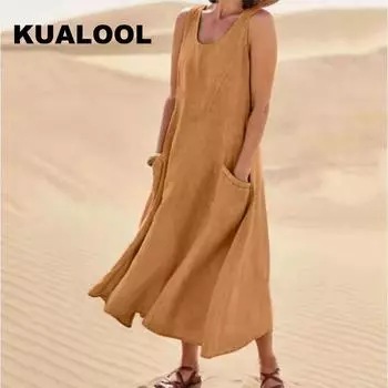 Летняя женская одежда без рукавов с карманом и круглым вырезом, однотонное хлопковое льняное платье