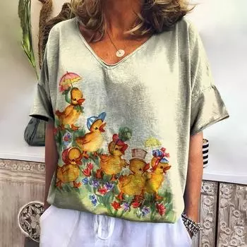 Летняя женская одежда больших размеров, футболка с v-образным вырезом и короткими рукавами, женский простой пуловер, повседневные топы с принтом животных в стиле ретро, новинка 2024 года XL