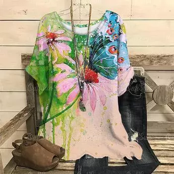 Летняя женская одежда больших размеров с цветочным принтом, с коротким рукавом, с круглым воротом, ретро-пуловер, женская мода, повседневная футболка S