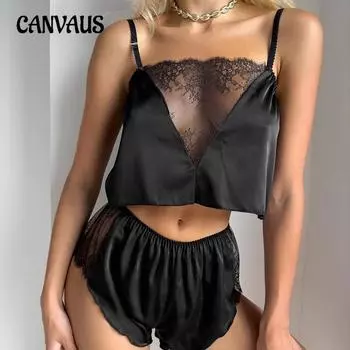 Летняя женская одежда, черные легкие роскошные кружевные шорты на подтяжках, пижамный костюм, домашняя одежда S чёрный