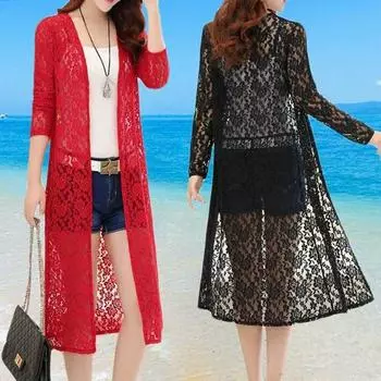 Летняя женская одежда для защиты от солнца, повседневные солнцезащитные рубашки с длинными рукавами, свободное тонкое кружевное пальто M
