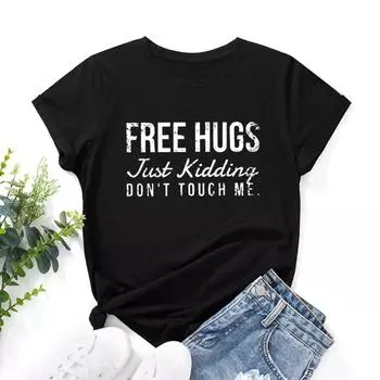 Летняя женская одежда FREE HUGS напечатанный чистый хлопок свободные круглый вырез короткий рукав футболки женские S чёрный