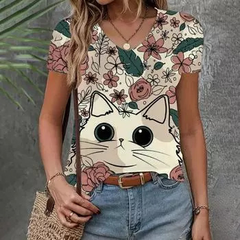 Летняя женская одежда Футболка Повседневная Свободная футболка с коротким рукавом с рисунком кота и комиксами Модная одежда с V-образным вырезом Элегантная женская футболка XS