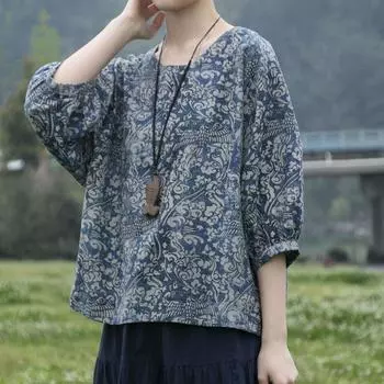 Летняя женская одежда Этнический принт хлопковая льняная блузка Топ Круглый вырез Рукава семь четвертей Футболки one size