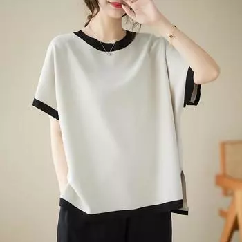 Летняя женская одежда Короткая спереди Длинная сзади Свободная утягивающая блузка Контрастная по цвету футболка Женский топ M