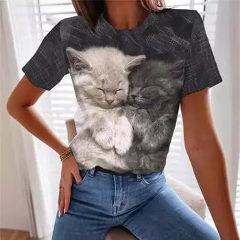 Летняя женская одежда, креативная, милый кот, 3D цифровая печать, круглый вырез, короткие рукава, свободные повседневные футболки для женщин S