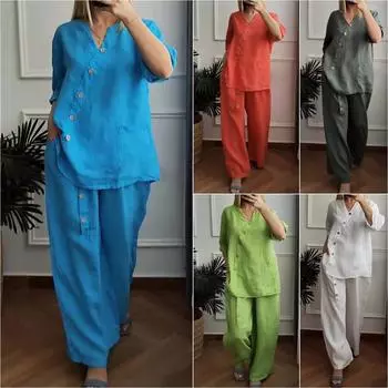 Летняя женская одежда, однотонный комплект из хлопка и пеньки, топ с семью рукавами и пуговицами, широкие брюки, комплект из двух предметов XXXXXL белый
