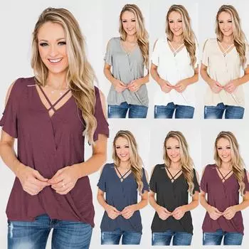 Летняя женская одежда, повседневная футболка с открытыми плечами и короткими рукавами, блузки на молнии с глубоким v-образным вырезом, женские сексуальные топы, свободные рубашки больших размеров на молнии XXL