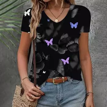 Летняя женская одежда Повседневная свободная футболка с рисунком бабочки Модная элегантная женская футболка с короткими рукавами и V-образным вырезом с короткими рукавами XS