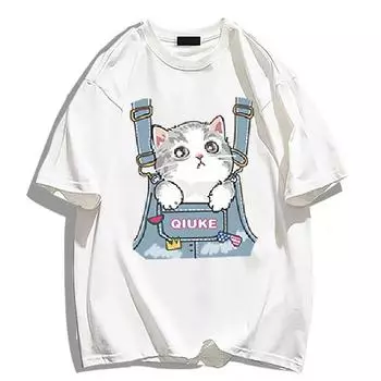 Летняя женская одежда с короткими рукавами, уличная футболка с милым котом и 3D принтом для девочек, женская футболка большого размера