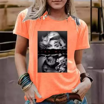 Летняя женская одежда с рисунком из чистого хлопка с круглым вырезом и короткими рукавами, повседневные модные футболки для женщин S королевский синий