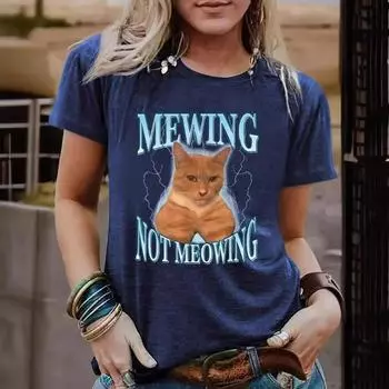 Летняя женская одежда с рисунком кошки из чистого хлопка с круглым вырезом и короткими рукавами, повседневные модные футболки для женщин S королевский синий