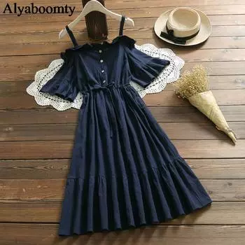 Летняя женская одежда, сексуальное платье-миди с открытыми плечами, темно-синее платье-миди, элегантное хлопковое платье с оборками, корейское вечернее платье M темно-синий