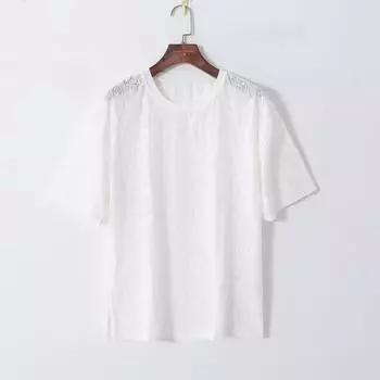Летняя женская одежда в K-стиле, большого размера, средней длины, длинная, однотонная, вязаная крючком, с вырезами, легкая, просвечивающая, с коротким рукавом, свободная футболка White XL