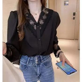 Летняя женская одежда в корейском стиле, блузка, кружево, пэчворк, шифон, белая рубашка, длинный рукав, пуговицы, элегантные офисные топы XXL белый