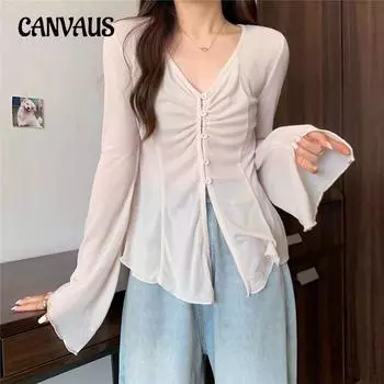Летняя женская однобортная рубашка с V-образным вырезом, однотонная, с завязками на завязках, плиссированная, с длинными рукавами, полупрозрачная S серый