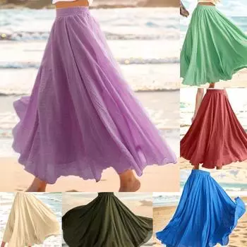 Летняя женская однотонная базовая длинная юбка, эластичная большая юбка с высокой талией и рюшами для мадам. Дышащая легкая мягкая удобная юбка для работы и отдыха.