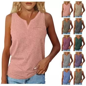 Летняя женская однотонная футболка без рукавов с v-образным вырезом и карманами с короткими рукавами, повседневная футболка в уличном стиле, топ, жилет XXL